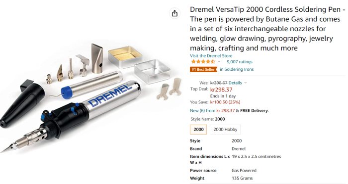 Dremel VersaTip 2000 sladdlös lödpenna med butandrift och sex utbytbara munstycken för svetsning och pyrografi.