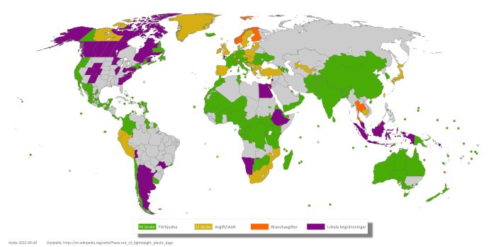 Världskarta som visar status på plastpåseskatter och förbud per land.