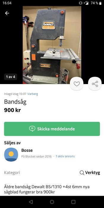 Begagnad Dewalt bandsåg BS/1310 med tillbehör på ett arbetsbord, till salu för 900 kr.