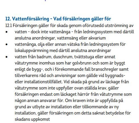 Textdokument som beskriver punkt 12, Vattenförsäkring – Vad försäkringen gäller för, med fokus på skador genom oförutsedd utströmning av vatten.