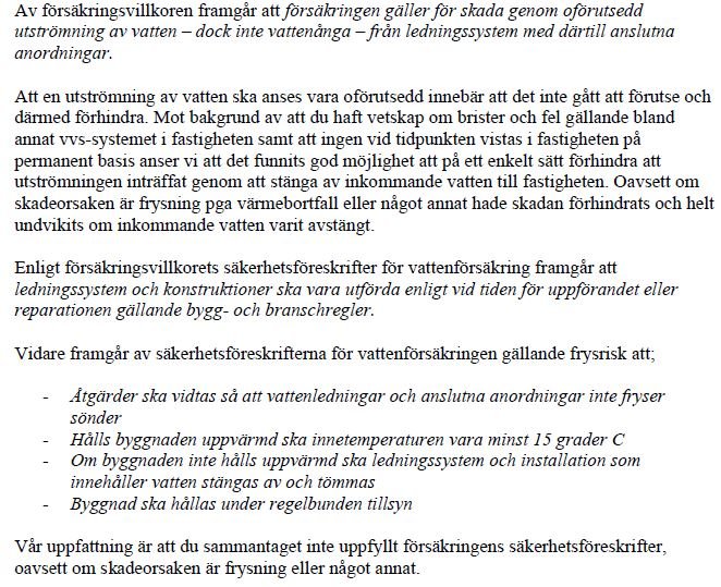 En skärmdump av ett dokument som beskriver försäkringsvillkor relaterade till vattenskador och förebyggande åtgärder.