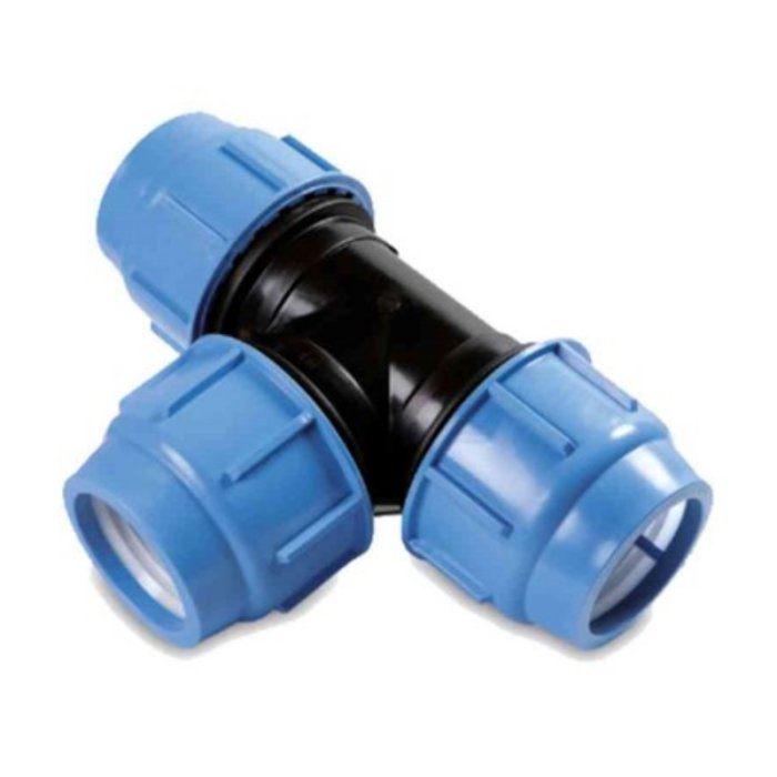 En PEM T-koppling i plast för rörinstallationer med två blå kontaktytor och en svart mittdel.