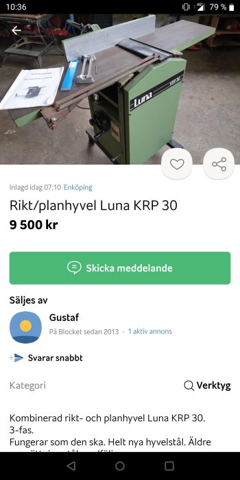 Grön Luna KRP 30 rikt- och planhyvel i en verkstadslokal, med måttstock och manual på bordet.