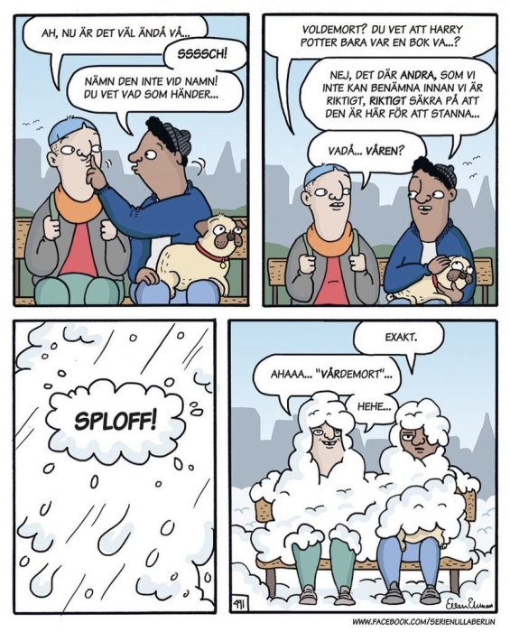 En fyrpanelskomisk seriestripp där två personer pratar och förvandlas till får i sista rutan.