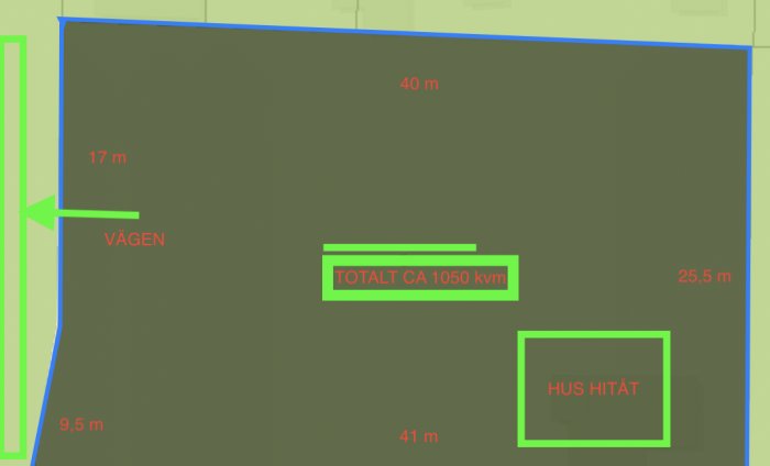 Skiss av en tomt märkt med dimensioner, inklusive en markering av vägen och angivande total yta på cirka 1050 kvm samt placering av ett hus.