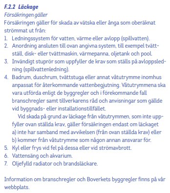 Bild av försäkringsvillkoren under rubriken "F.2.2 Läckage", detaljerar vilka skador som täcks och undantag.