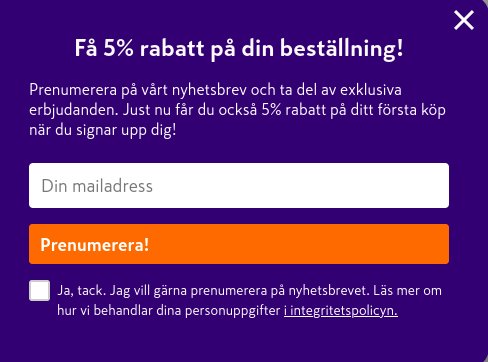 Pop-up erbjudande om 5% rabatt på första beställningen vid nyhetsbrevsprenumeration.