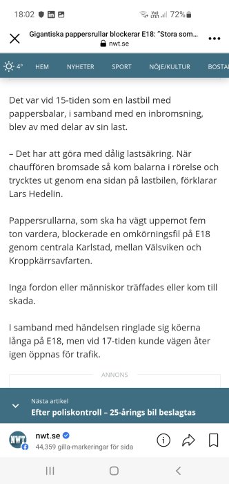 Skärmdump av en nyhetsartikel om pappersrullar som blockerar E18.