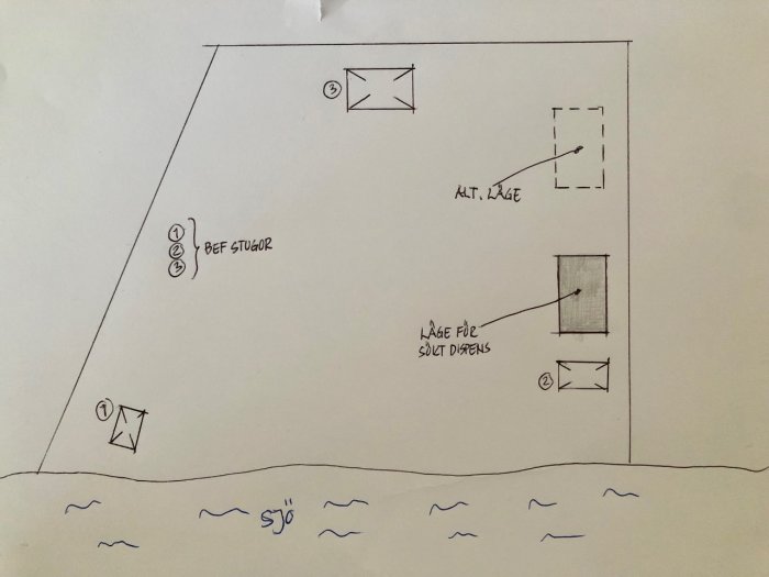 Handritad skiss av fastighet vid sjö med tre befintliga stugor och två föreslagna stugplatser.
