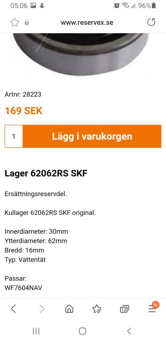 Kullager 6206 2RS SKF vattentätt på en webbshopssida, inkluderar specs och pris 169 SEK.