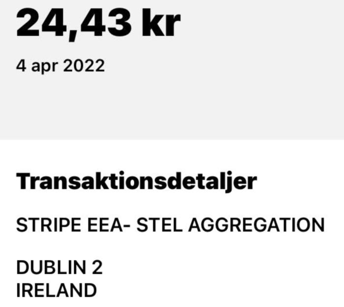 Bild av en korttransaktion för elbilsladdning på 24,43 kr från Stripe i Dublin, daterad 4 april 2022.