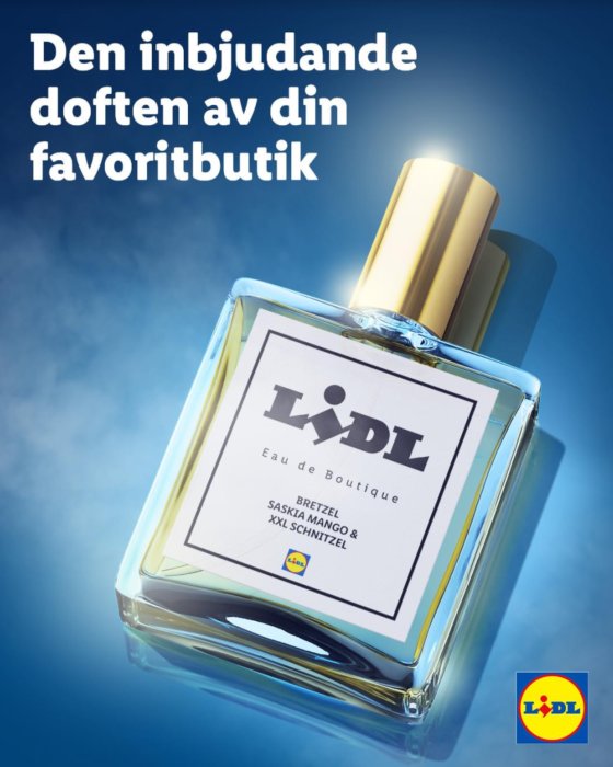 Flaska med parfym märkt "Lidl Eau de Boutique" mot blå bakgrund med text om butiksdoft.