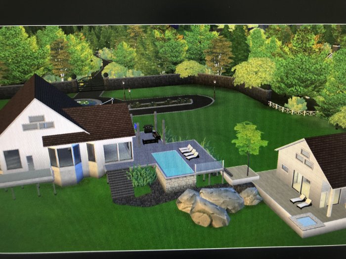 3D-visualisering av trädgård med vita hus och en blå pool, altan, gräs och träd.
