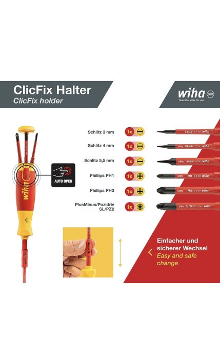 ClicFix skruvmejselhållare med utbytbara bitar för olika skruvtyper.