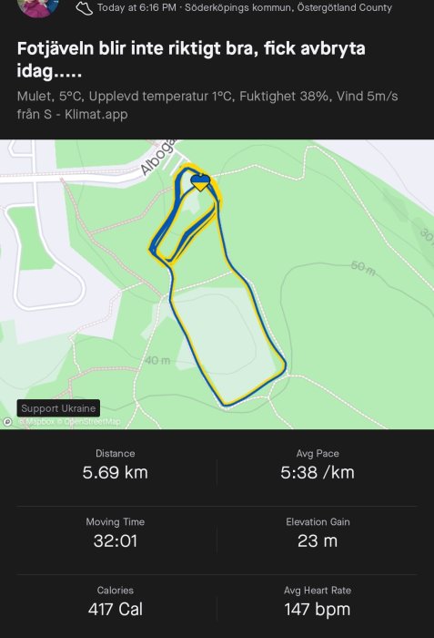 Skärmklipp från fitness-app visar karta med löprunda på 5.69 km, tid, tempo och hjärtfrekvens.