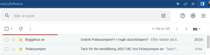 Skärmdump av en e-postinkorg med ett meddelande från Byggahus.se om att undvika Polarumpen och en beställningsbekräftelse från Polarumpan.