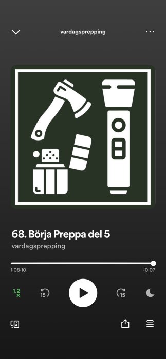 Podcastavsnitt "Börja Preppa del 5" med symboler för verktyg och batteri.