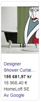 Designer duschdraperi med abstrakt konsttryck i ett modernt badrum.