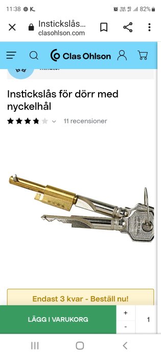 Instickslås för dörr med nyckelhalv och nyckel i detalj på webbshopssidans produktvisning.