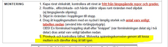 Del av en monteringsanvisning med markerad text om att motverka spänningskorrosion genom att lossa muttern och sedan dra åt den lätt igen.