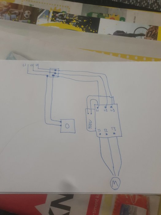 Handritad skiss av en elektrisk krets med märkningar L1, L2, L3, T1, T2, T3 och en motor.