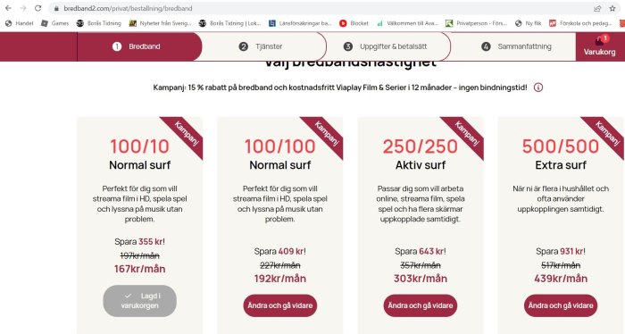 Skärmdump av bredbandsabonnemang med prisinformation och kampanjerbjudanden.