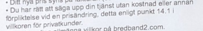 Bild på en del av ett dokument som listar villkor för uppsägning av tjänst vid prisändring.