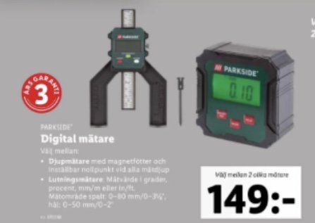 Digital multimeter från Parkside med magnetfötter och inställbar nollpunkt, lutningsmätare, och procent-/mm-mätning.