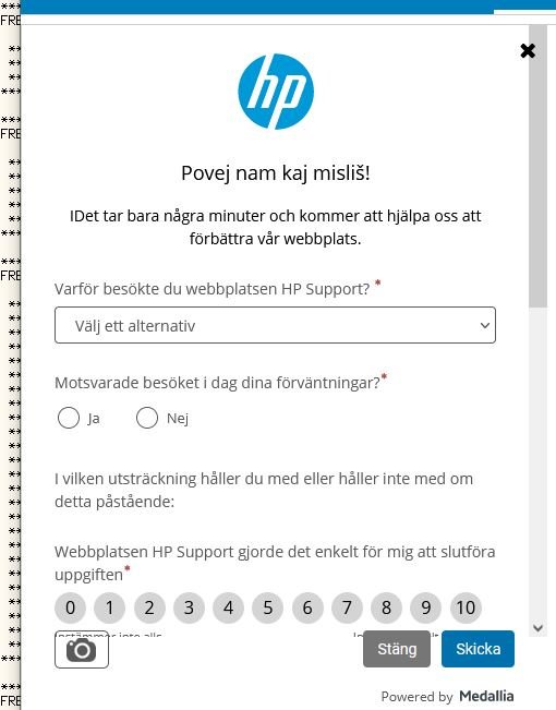 Kundfeedbackformulär på en webbsida med "HP" logotyp och flervalsfrågor för att utvärdera supportupplevelsen.
