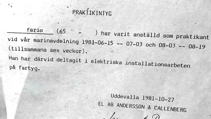 Praktikintyg för elektriska installationsarbeten på fartyg från 1981.