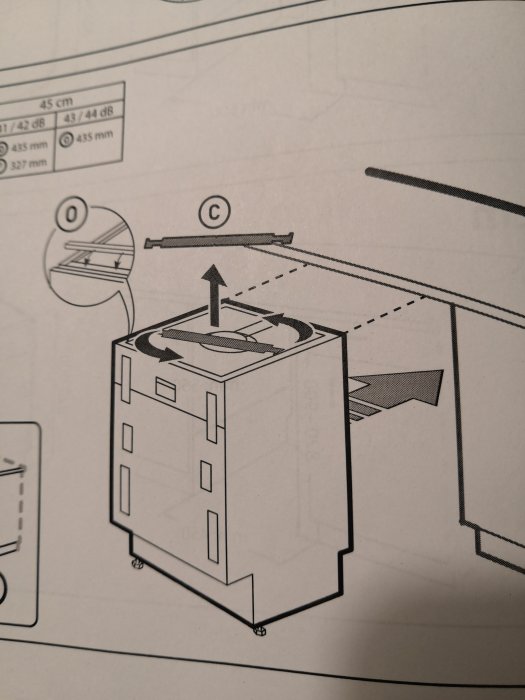 Illustration av en diskmaskin och installationsanvisningar med fokus på en platt metallbit.