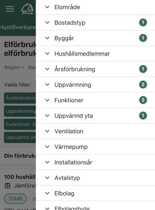 Filtermeny för jämförelse av elförbrukning med alternativ som uppvärmd yta och årsförbrukning.