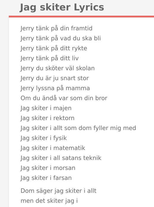 Skärmavbildning av en text med songtext för "Jag skiter", kontrastrik bakgrund.