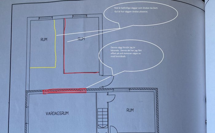 Planritning med markerade bärande väggar i rött, önskad ny väggplacering i gult och textförklaringar.