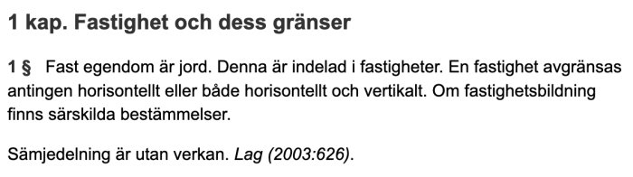 Texturtagning ur jordabalken med rubriken "1 kap. Fastighet och dess gränser" och information om fast egendom.