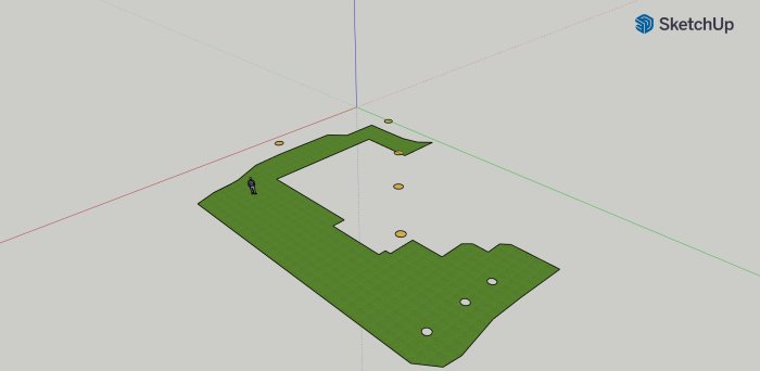 Ritning i SketchUp av en gräsmatta med möjliga platser för laddstation markerade i gult.