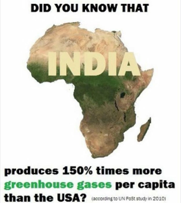 Felplacerad text "INDIA" på kartan över Afrika med påstående om utsläpp.