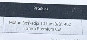 Etikett som visar information om motorsågskedja, 10 tum, 3/8", 40DL, Premium Cut.