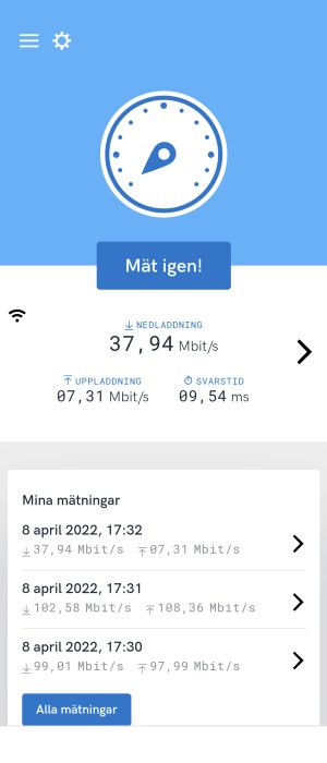 Skärmgrabb av hastighetstestresultat med nedladdningshastighet 37,94 Mbit/s och uppladdning 7,31 Mbit/s.