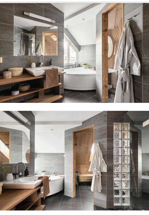 Luxuöst badrum med integrerad bastu, badkar och dubbla handfat, fråga om att riva bastun delvis.