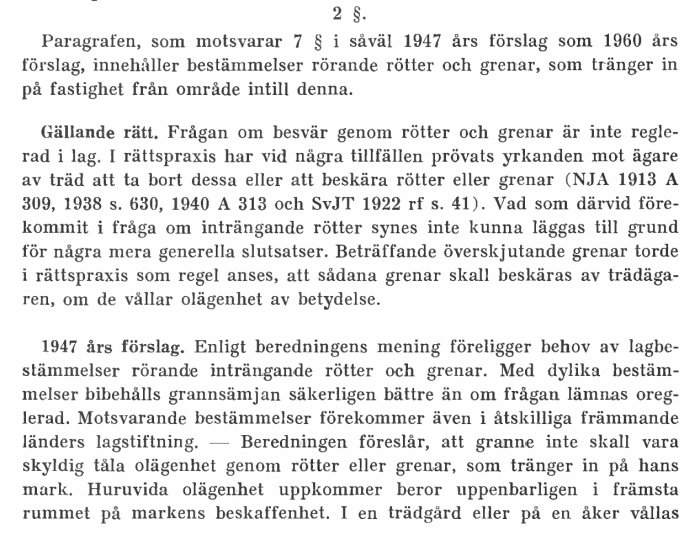 Bild av en textutdrag från jordabalkens propositionstext med diskussion om regler kring träd, rötter och grenar som sträcker sig in på annans mark.