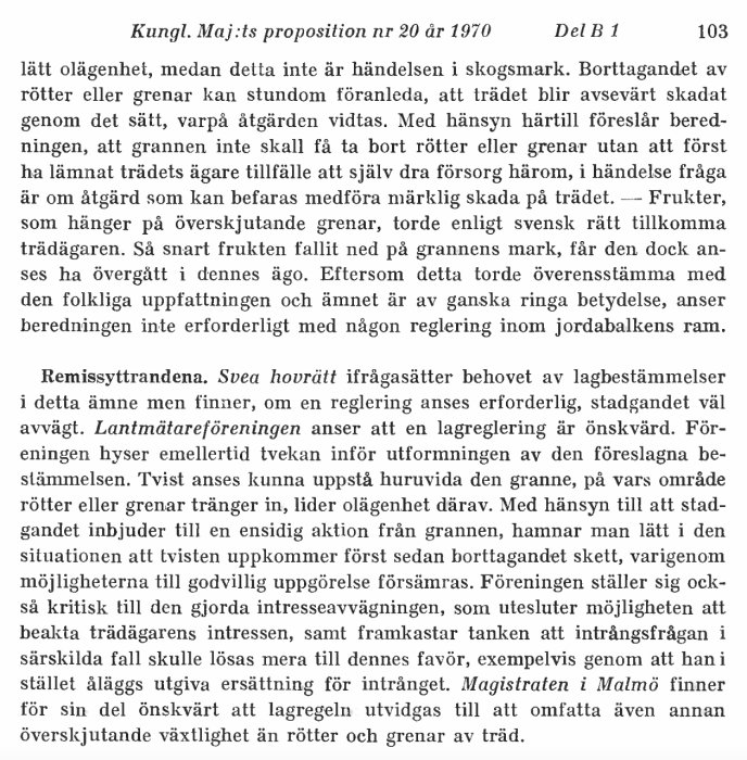 Fotografi av ett dokument, "Kungl. Maj:ts proposition nr 20 år 1970", med text som diskuterar jordabalken och trädrelaterade lagfrågor.