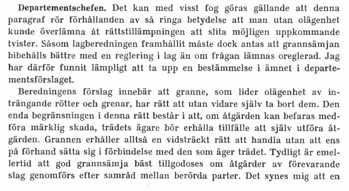 Skärmdump av ett dokument med text som förklarar lagtexten i den nya jordabalken från 1970, rörande grannars rättigheter.