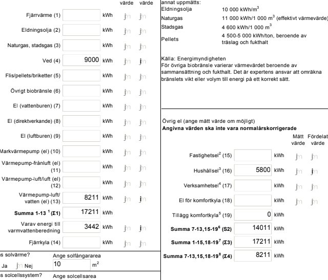 Energideklarationsformulär med energiförbrukningsdata, inklusive elförbrukning och uppvärmningskostnader.