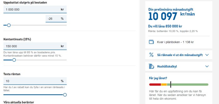 Skärmdump av en lånekalkylator visar uppskattad slutpris på bostad på 1 000 000 kr, kontantinsats och testad ränta på 10%.