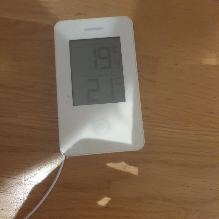 Termometer visar 19,5 °C inomhus på ett trägolv.