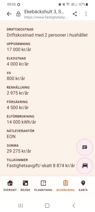 Skärmavbildning av en energideklaration med driftkostnader för uppvärmning, el, VA, renhållning och försäkring.