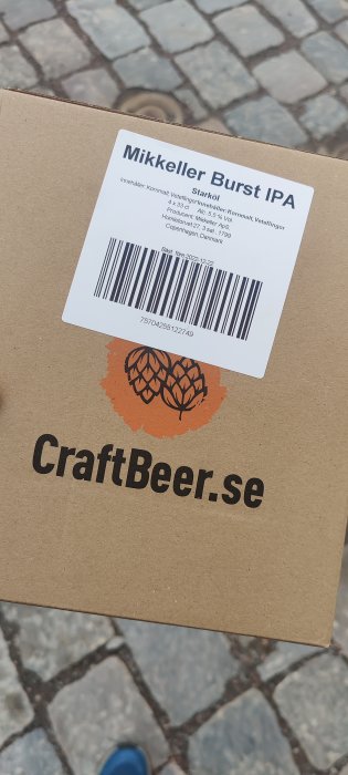 Kolli med Mikkeller Burst IPA Starköl från CraftBeer.se på stenlagt golv, synliga fötter.