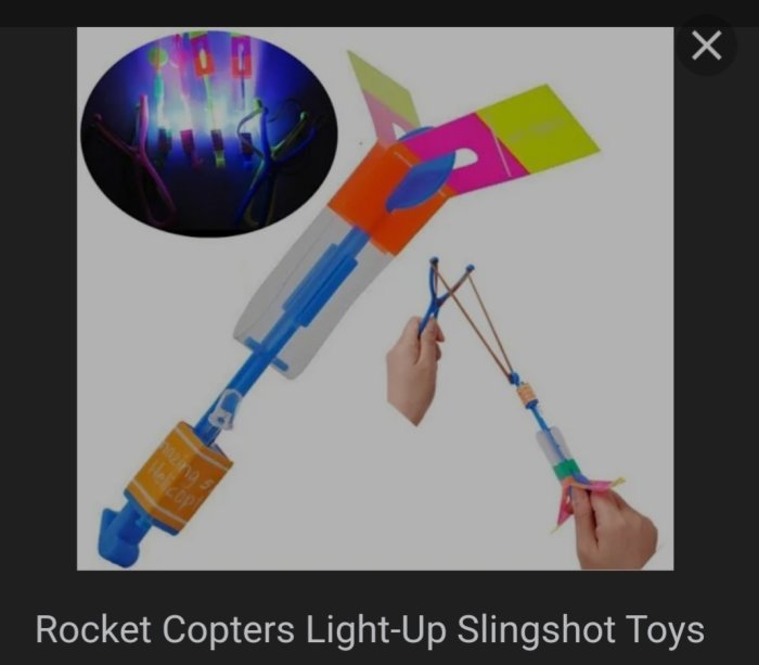 Light-up slingshot toys displayed with one in use and the other showing parts.