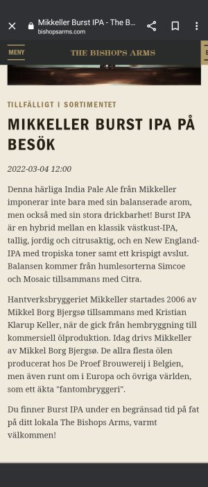 Skärmbild av Mikkeller Burst IPA-information på The Bishops Arms webbplats med text om ölets egenskaper.